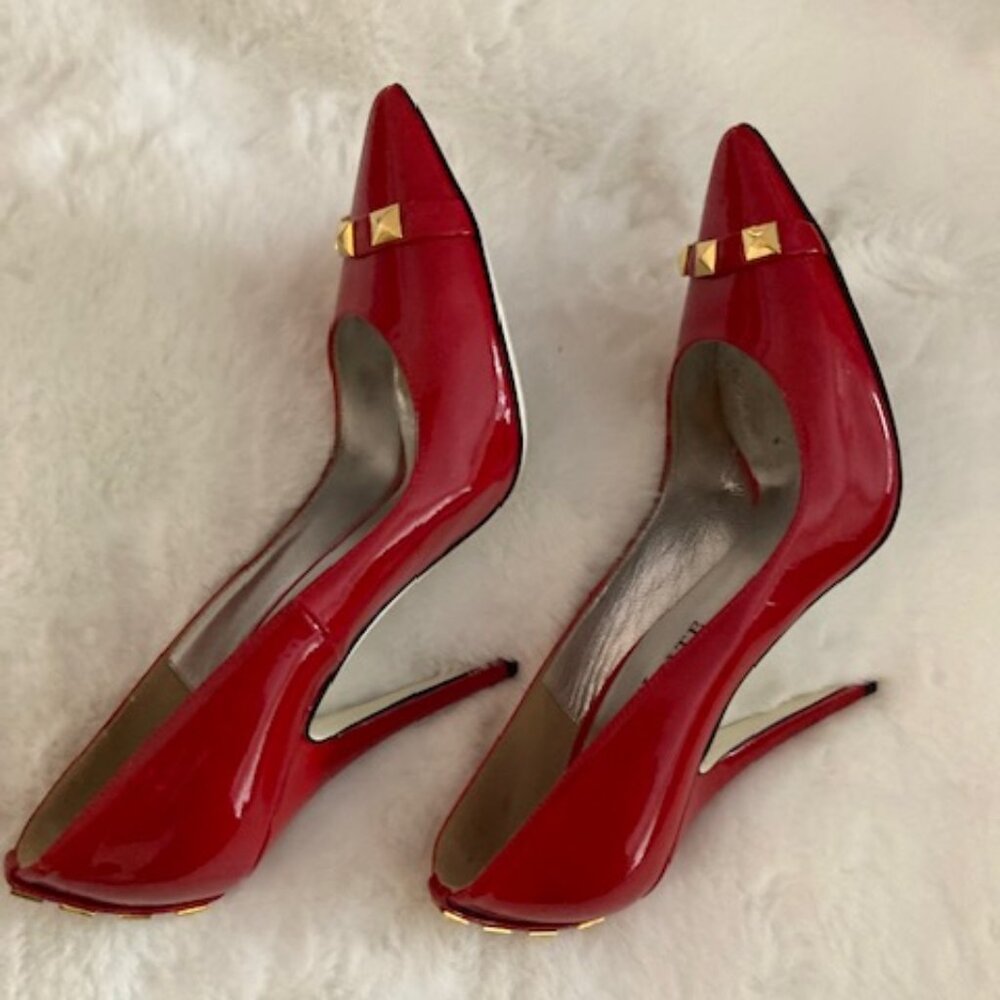 Ron White Patent Red Leather High Heel Pumps with Rock Studs (Pre Owned)